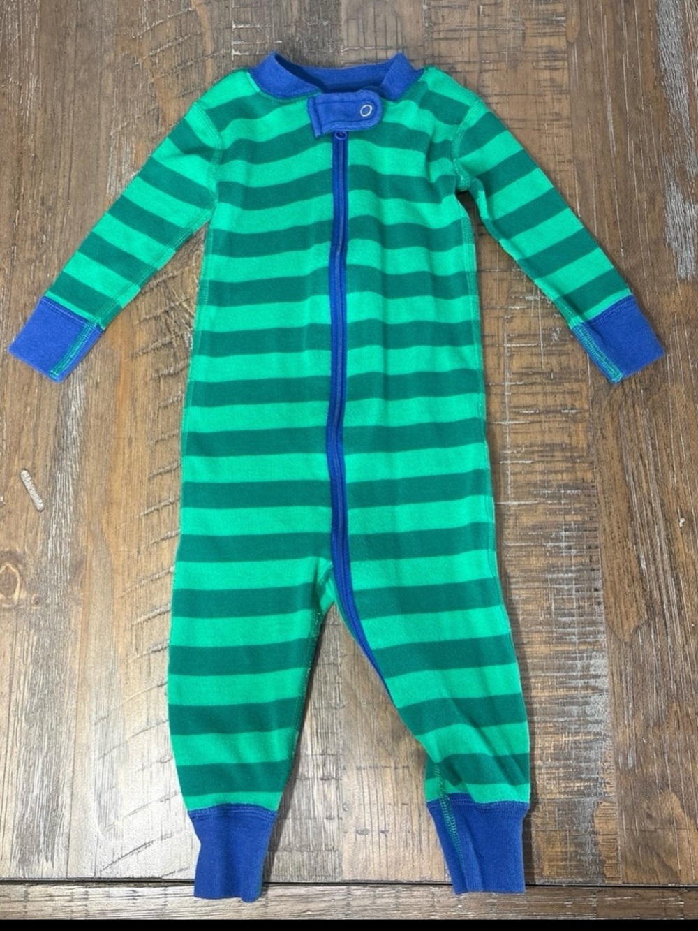 Hanna Andersson Green Striped One-Piece with Blue Trim